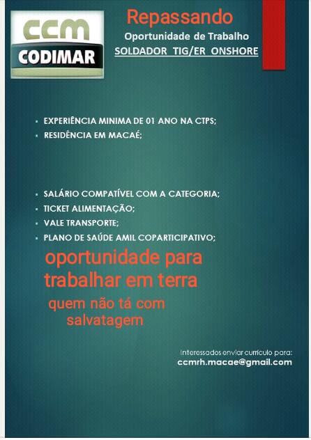 Oportunidade de Trabalho para Soldador TIG e Eletrodo Revestido Onshore