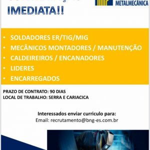 Empresa BNG Metalmecânica está contratando Soldadores, Mecânicos, Caldeireiros, Líderes e Encarregados.