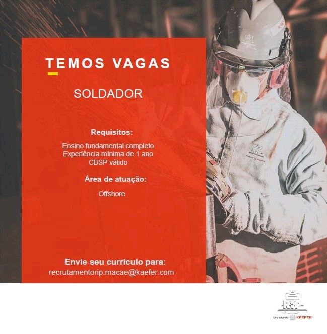 Oportunidade de Trabalho para Soldador com Área de Atuação Offshore.