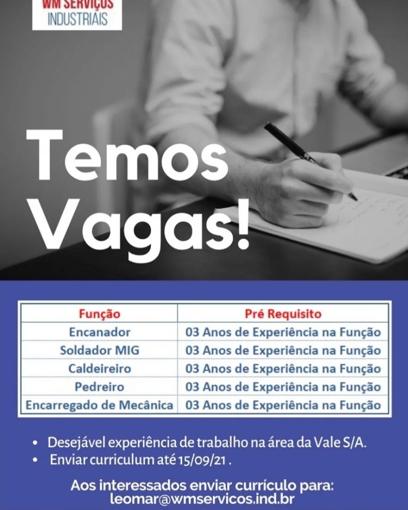 Empresa WM Serviços Industriais está procurando profissionais para vagas de emprego.