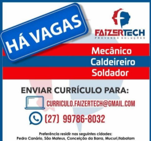 Oportunidades de trabalho para soldadores, mecânicos e caldeireiros na empresa FaizerTech.