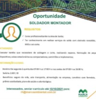 Oportunidade para Soldador Montador na empresa Marca Ambiental até o dia 10/10/2021.