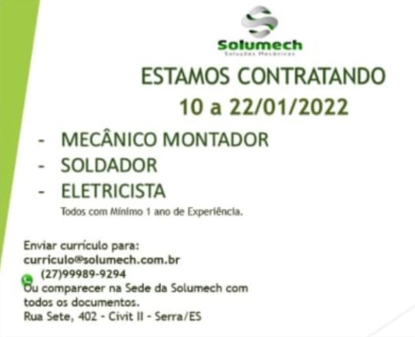 Empresa Solumech está contratando profissionais para trabalhar do dia 10 a 22/01/2022.