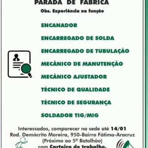 Vertical Metalmecânica está recrutando colaboradores para parada de fábrica.