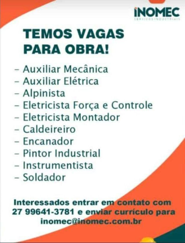 Empresa INOMEC está selecionando profissionais para vagas em obra.