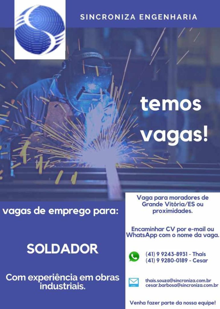 Vagas de Emprego para Soldadores na Sincroniza Engenharia